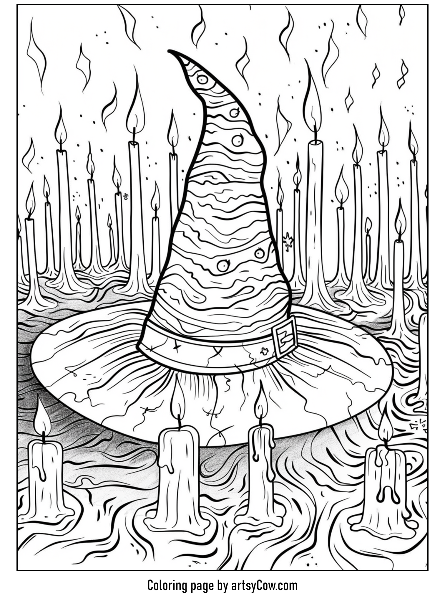halloween coloring pages with witch hat featuring a striped witch hat surrounded by numerous candles, placed in a mystical setting.